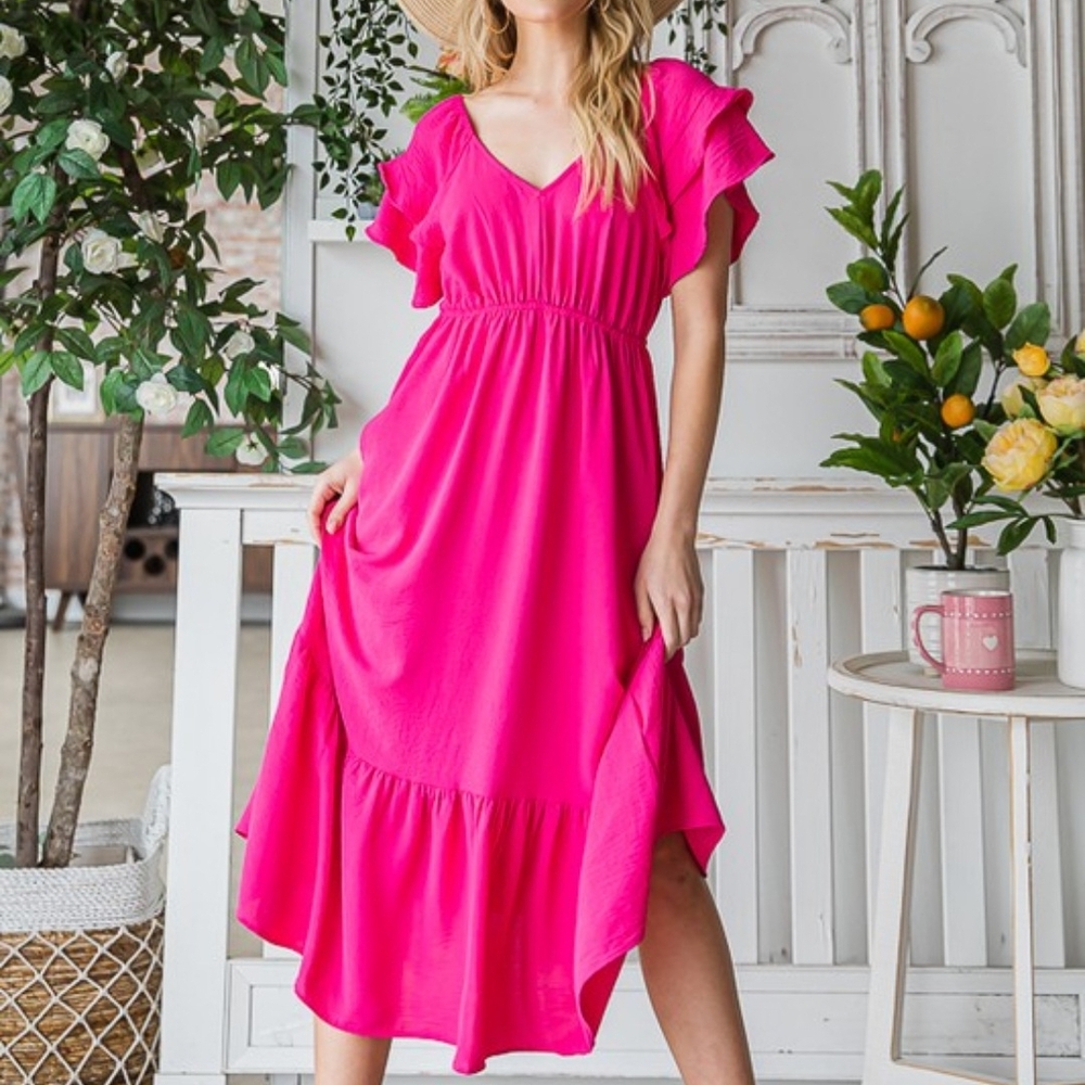 Vibrant Pink Midi Dress with Ruffle Sleeves